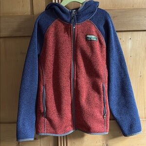 Kids' L.L.Bean's Sweater Fleece, Hooded Colorblock navy and rust size medium (8)